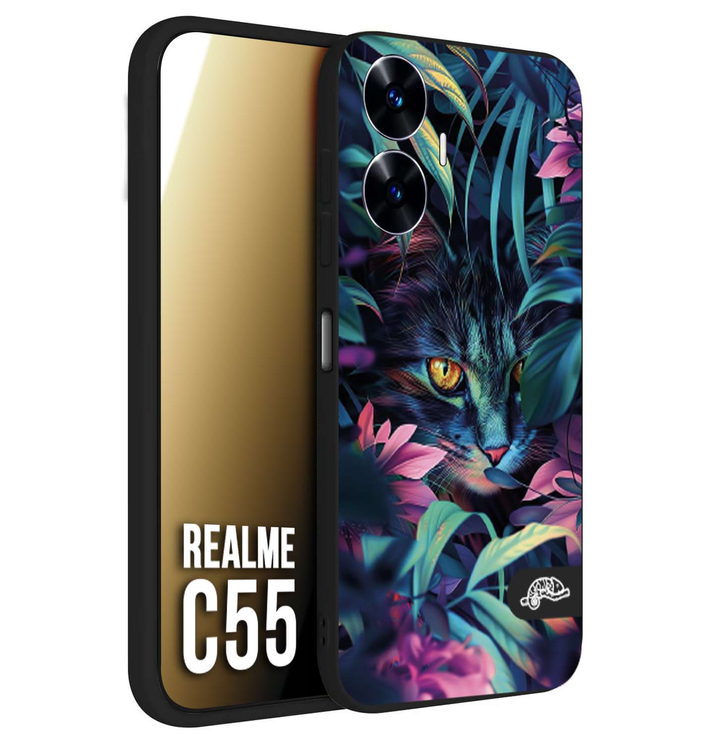 CUSTOMIZZA - Custodia cover nera morbida in tpu compatibile per Oppo C55 animali color giungla tropicale occhio di gatto colori vibranti disegnato