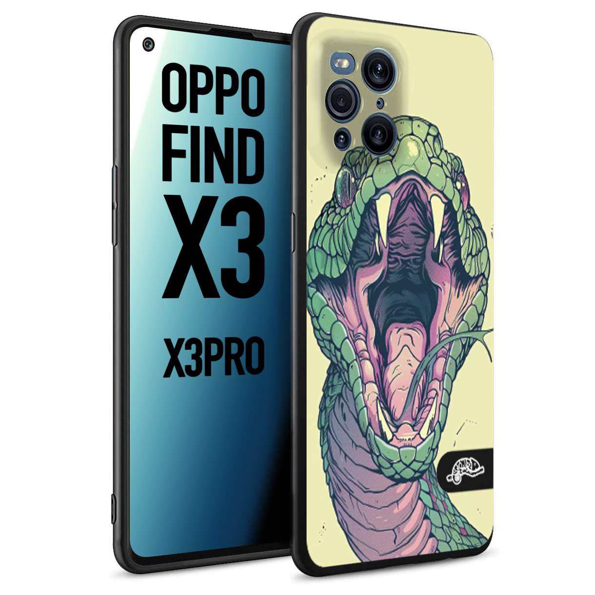 CUSTOMIZZA - Custodia cover nera morbida in tpu compatibile per Oppo Find X3 - Find X3 Pro 5G snake yellow green serpente tatuaggio tattoo disegnato a mano