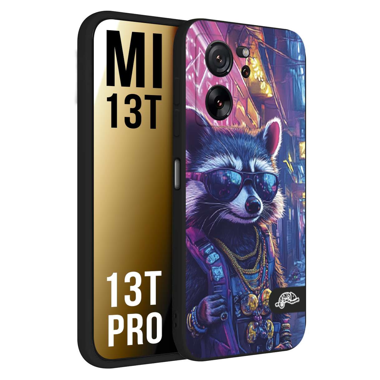 CUSTOMIZZA - Custodia cover nera morbida in tpu compatibile per Xiaomi 13T - 13T PRO animali simpatici cyberpunk procione racoon street cat fucsia blu giallo