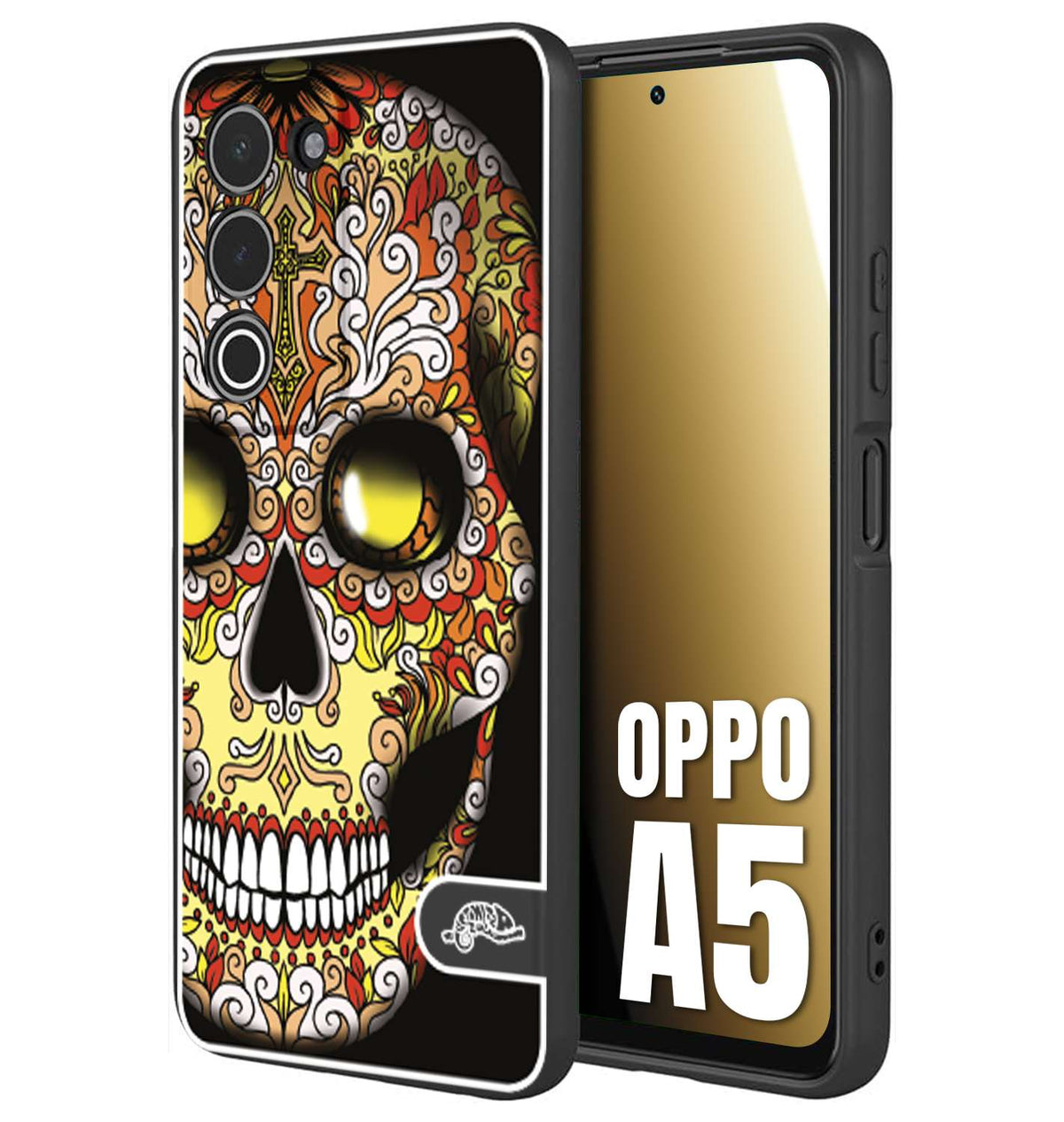 CUSTOMIZZA - Custodia cover nera morbida in tpu compatibile per Oppo A5 teschio messicano Mexican skull giallo rosso arancio