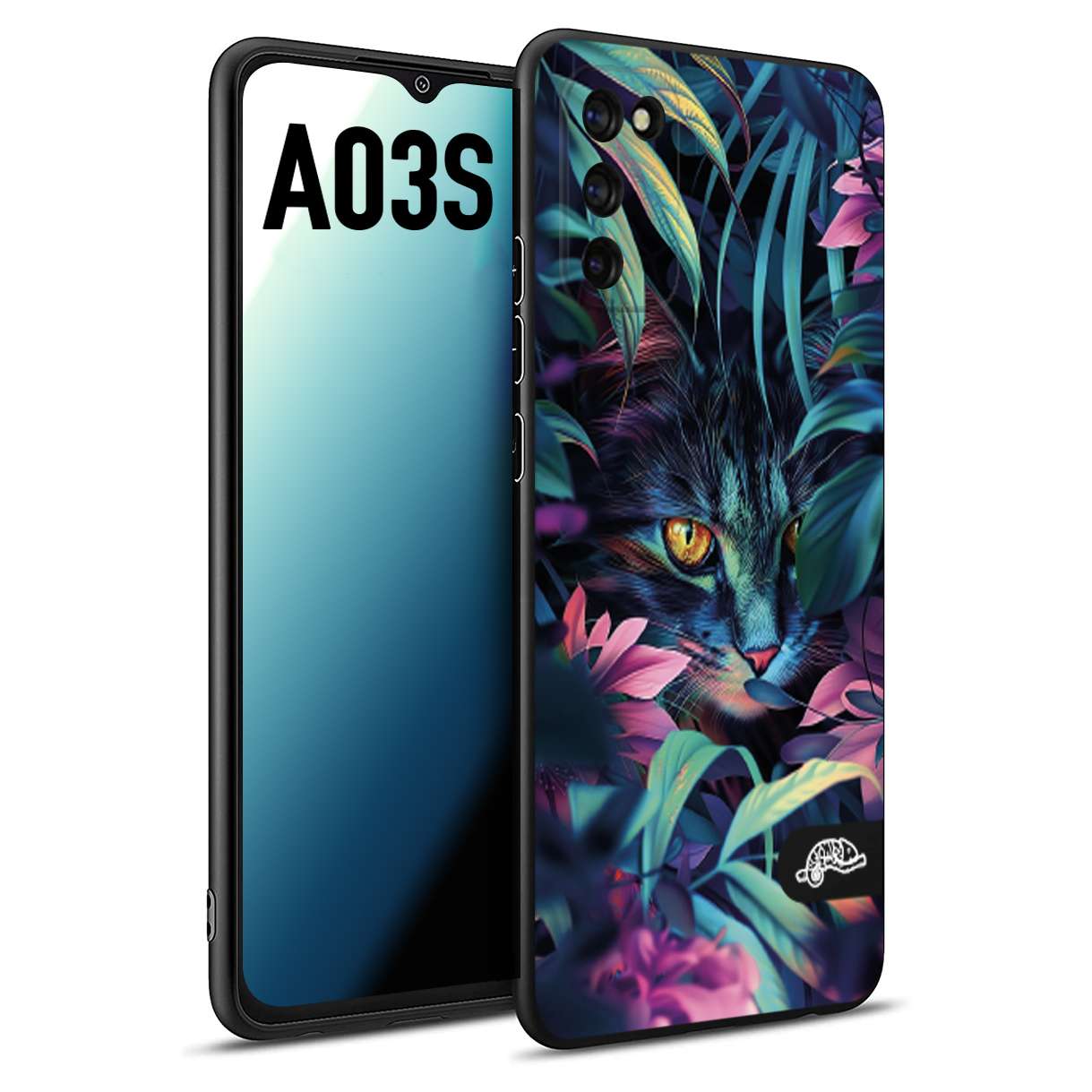 CUSTOMIZZA - Custodia cover nera morbida in tpu compatibile per Samsung A03S animali color giungla tropicale occhio di gatto colori vibranti disegnato