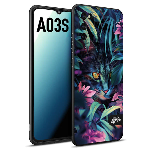 CUSTOMIZZA - Custodia cover nera morbida in tpu compatibile per Samsung A03S animali color giungla tropicale occhio di gatto colori vibranti disegnato
