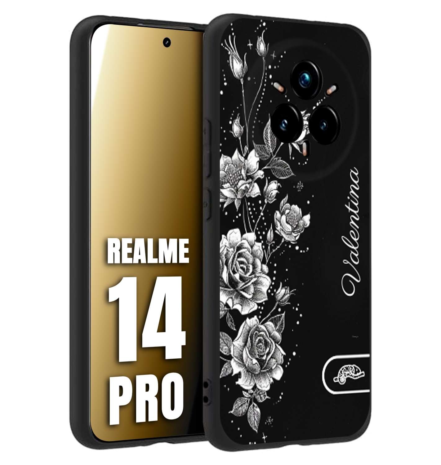 CUSTOMIZZA - Custodia cover nera morbida in tpu compatibile per Realme 14 PRO personalizzata rilievo soft touch nome rose fiori donna