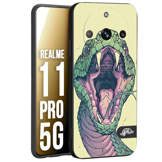 CUSTOMIZZA - Custodia cover nera morbida in tpu compatibile per Realme 11 PRO 5G snake yellow green serpente tatuaggio tattoo disegnato a mano