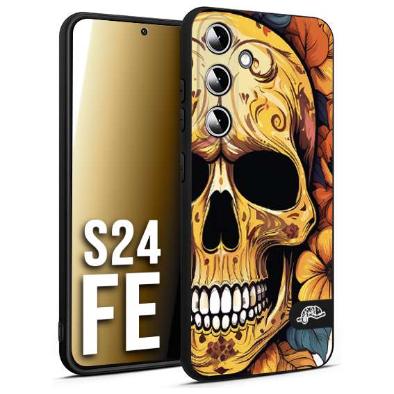 CUSTOMIZZA - Custodia cover nera morbida in tpu compatibile per Samsung S24 FE teschio messicano colorato dorato fiori autunnali disegnato