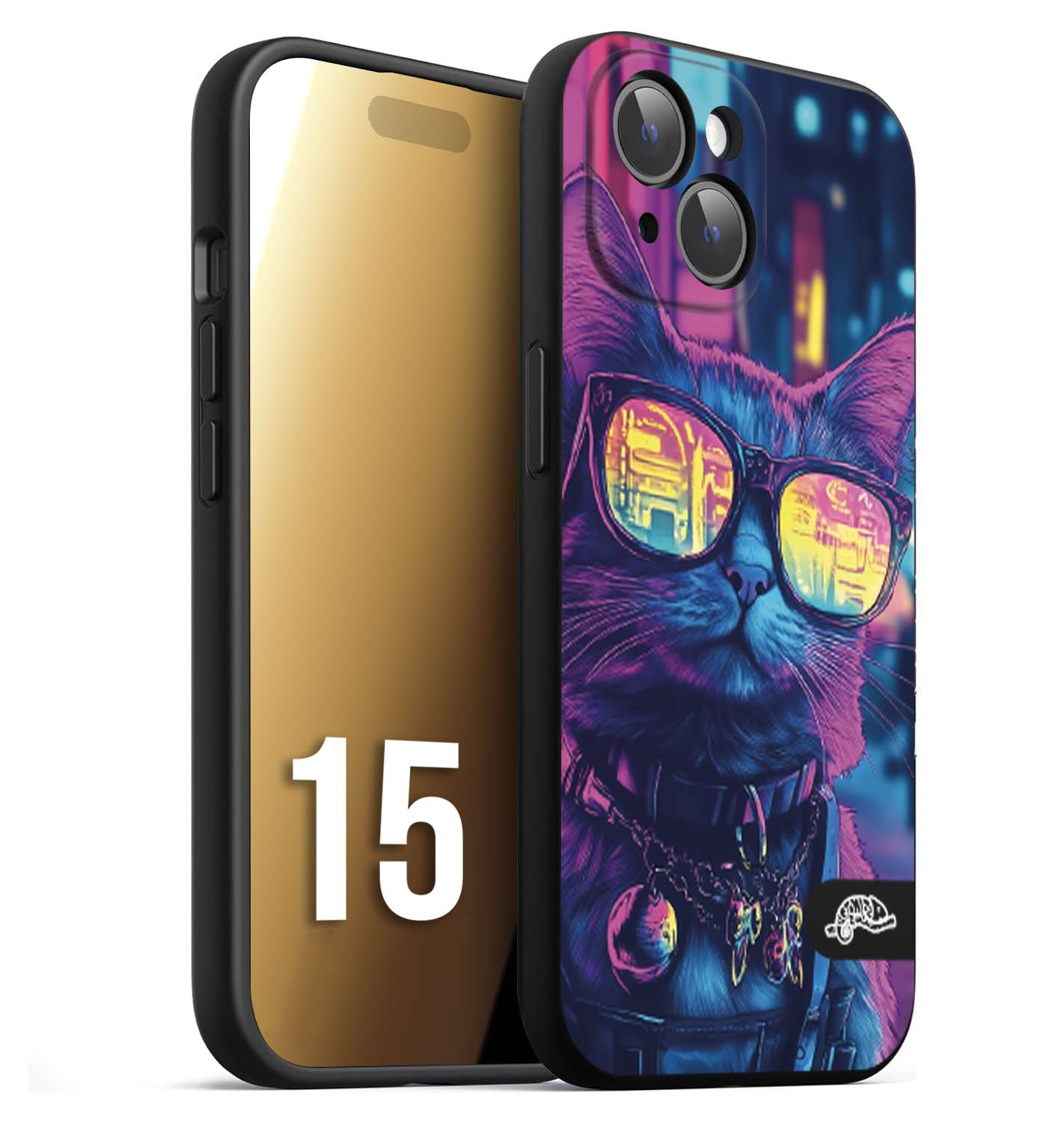 CUSTOMIZZA - Custodia cover nera morbida in tpu compatibile per iPhone 15 animali cyberpunk gatto street cat fucsia blu giallo