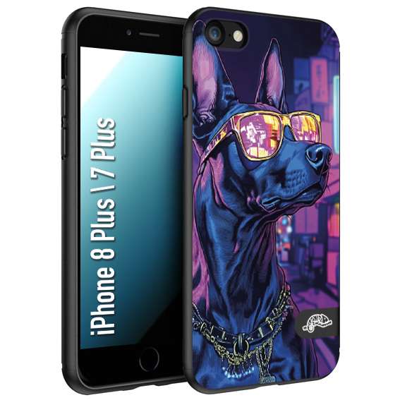 CUSTOMIZZA - Custodia cover nera morbida in tpu compatibile per iPhone 7 Plus - 8 plus animali cyberpunk dobermann cane street dog fucsia blu night