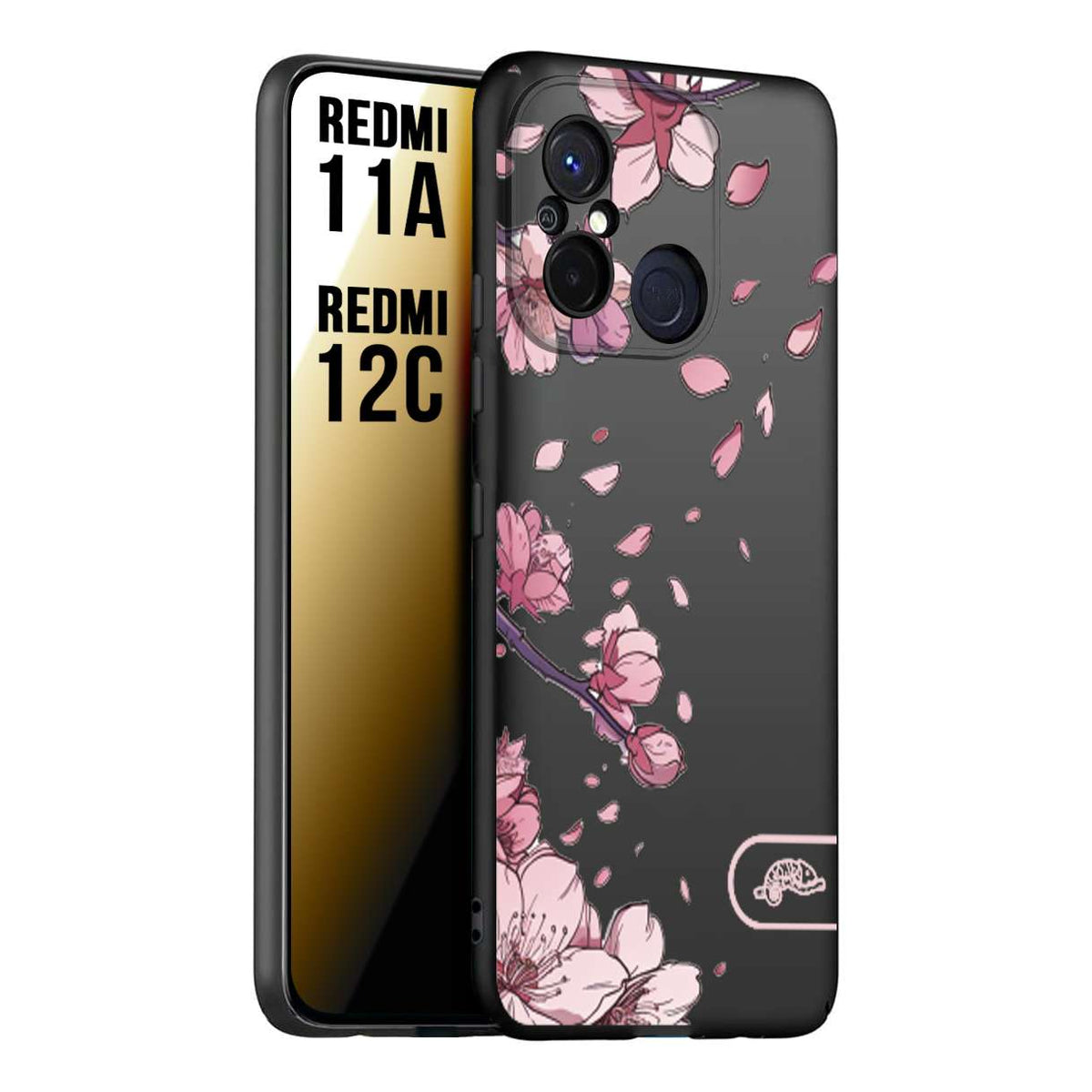 CUSTOMIZZA - Custodia cover nera morbida in tpu compatibile per Xiaomi Redmi 11A - 12C giapponese fiori di ciliegio in fiore a rilievo disegnata tattoo