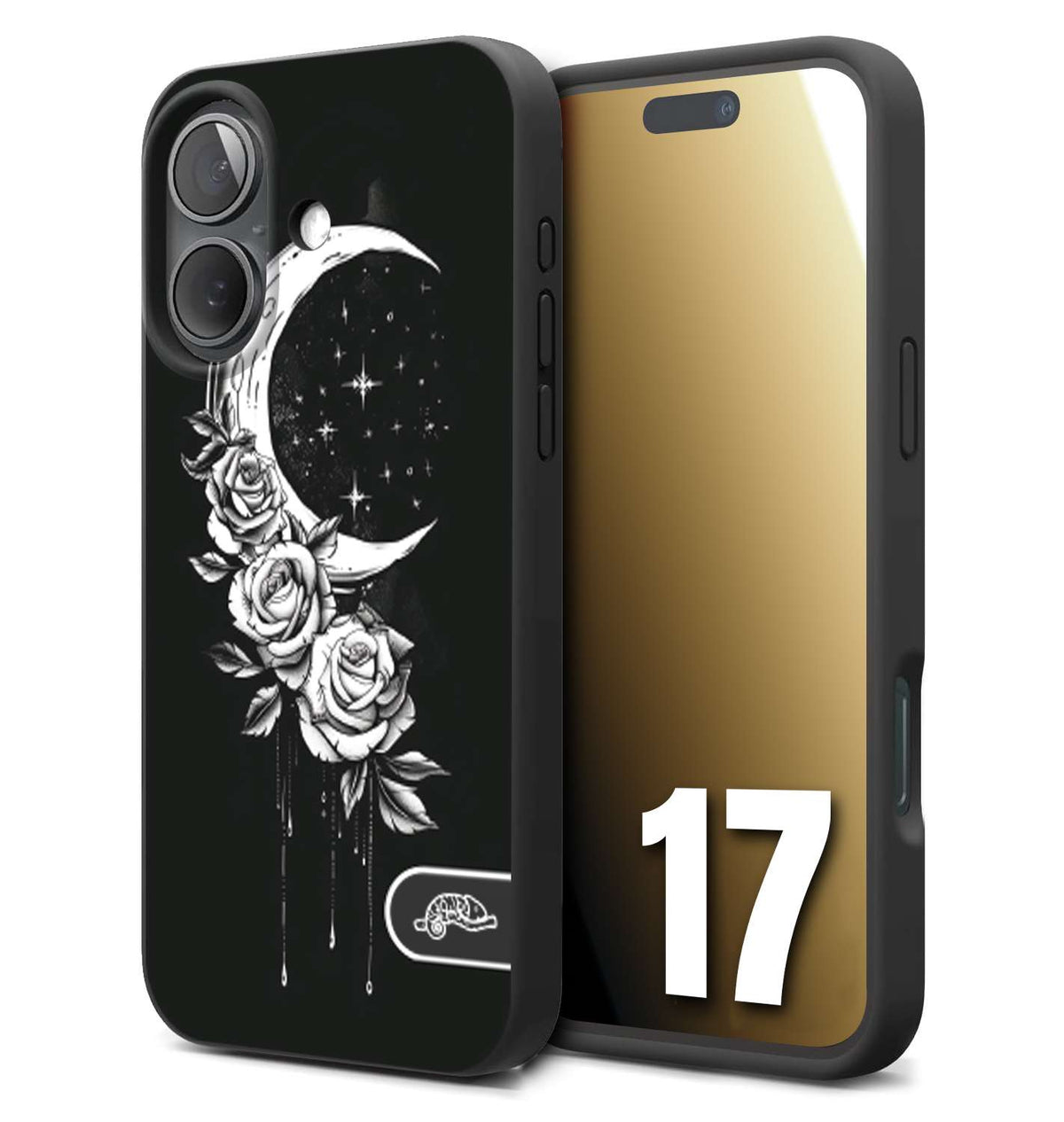 CUSTOMIZZA - Custodia cover nera morbida in tpu compatibile per iPhone 17 luna e fiori moon flowers black and white bianco a rilievo disegnato