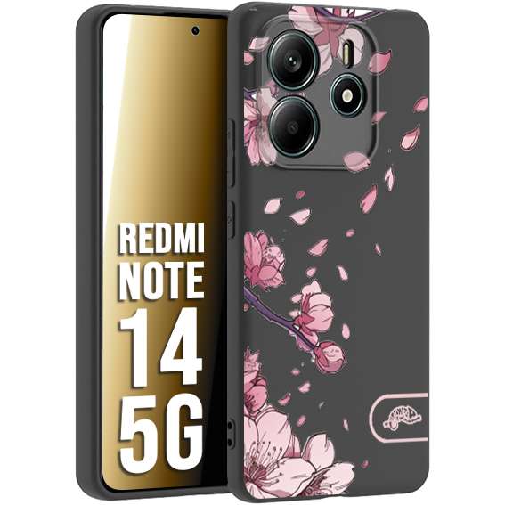 CUSTOMIZZA - Custodia cover nera morbida in tpu compatibile per Xiaomi Redmi Note 14 5G giapponese fiori di ciliegio in fiore a rilievo disegnata tattoo
