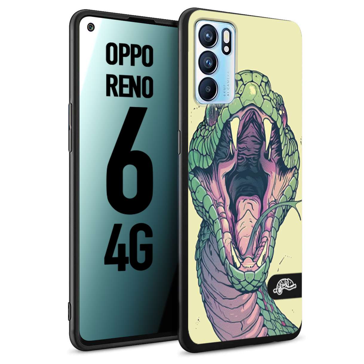 CUSTOMIZZA - Custodia cover nera morbida in tpu compatibile per Oppo Reno 6 4G snake yellow green serpente tatuaggio tattoo disegnato a mano