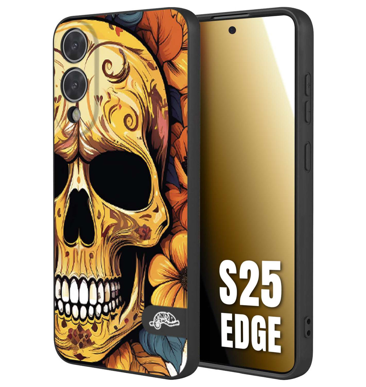 CUSTOMIZZA - Custodia cover nera morbida in tpu compatibile per Samsung S25 EDGE teschio messicano colorato dorato fiori autunnali disegnato