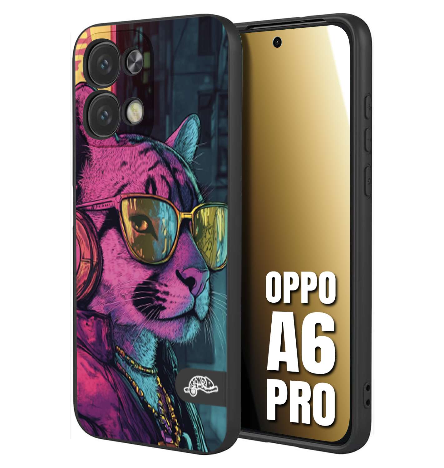 CUSTOMIZZA - Custodia cover nera morbida in tpu compatibile per Oppo A6 PRO animali cyberpunk pantera street cat fucsia blu giallo