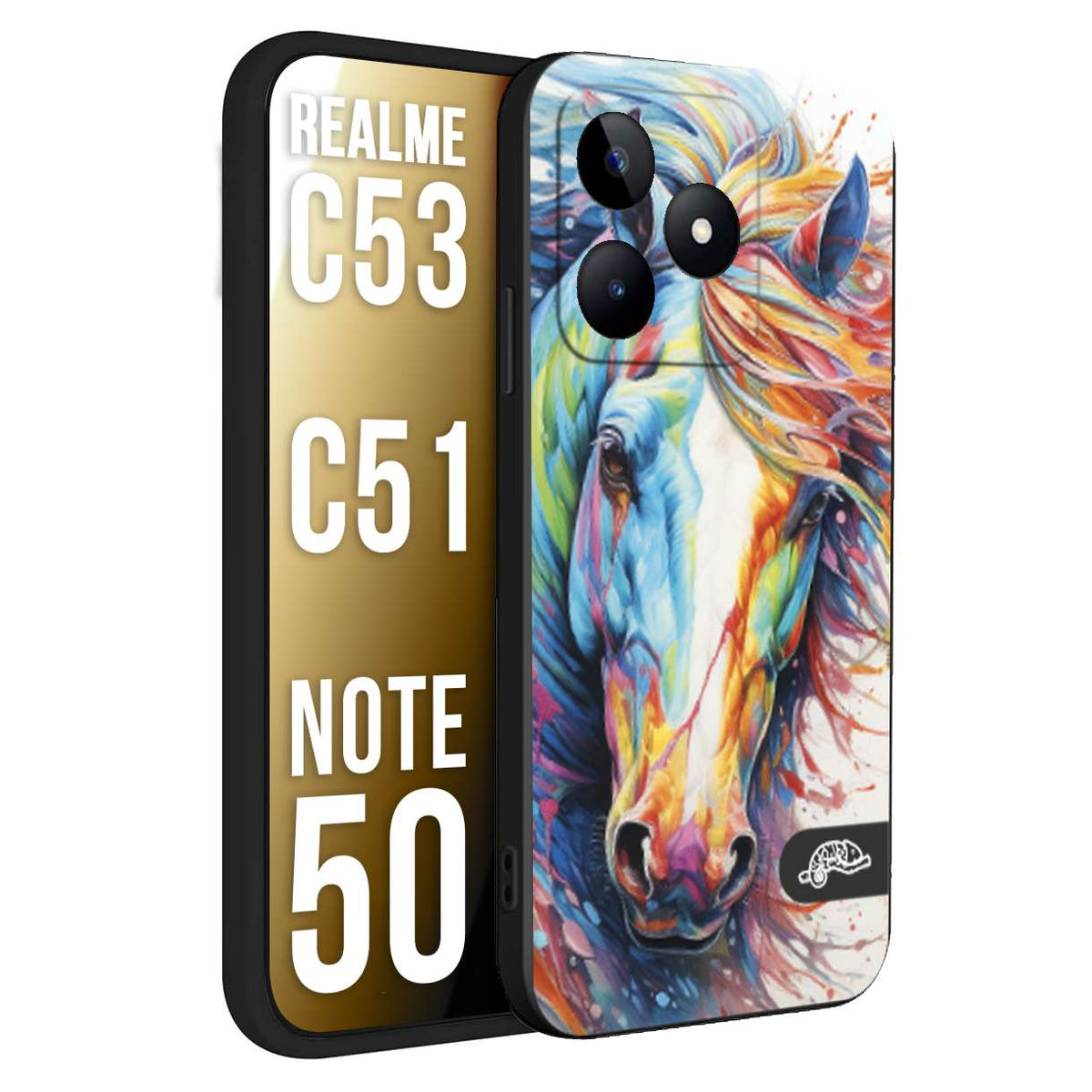 CUSTOMIZZA - Custodia cover nera morbida in tpu compatibile per Realme C53 - C51 - NOTE 50 animali color cavallo horse viso colori vibranti disegnato schizzo