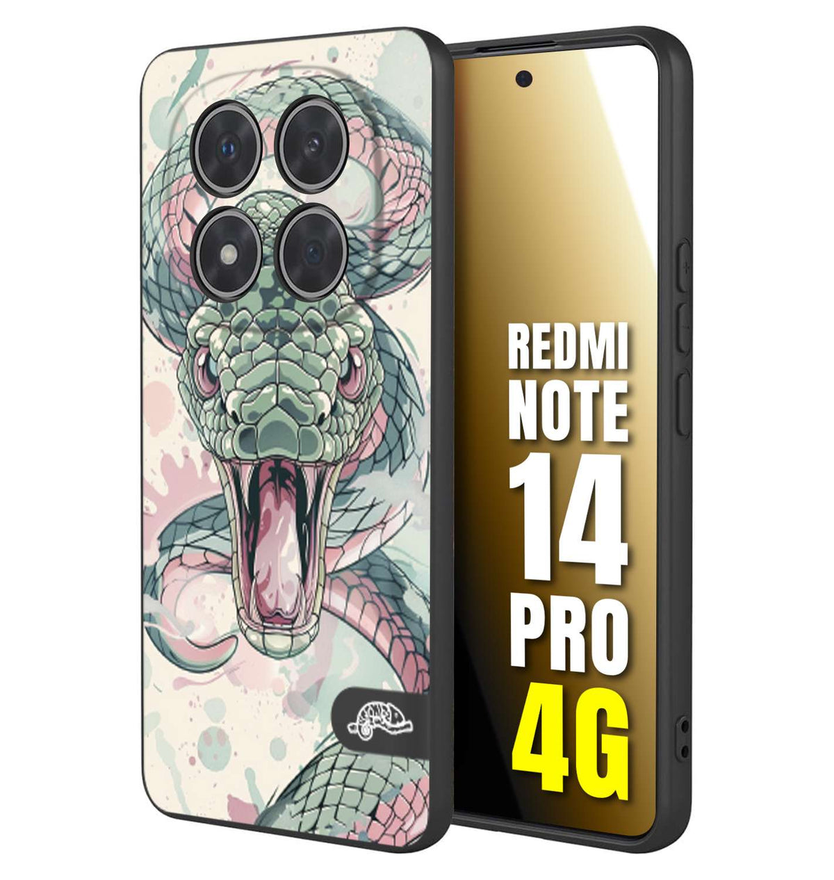 CUSTOMIZZA - Custodia cover nera morbida in tpu compatibile per Xiaomi Redmi Note 14 PRO 4G snake pink green serpente tatuaggio tattoo disegnato a mano