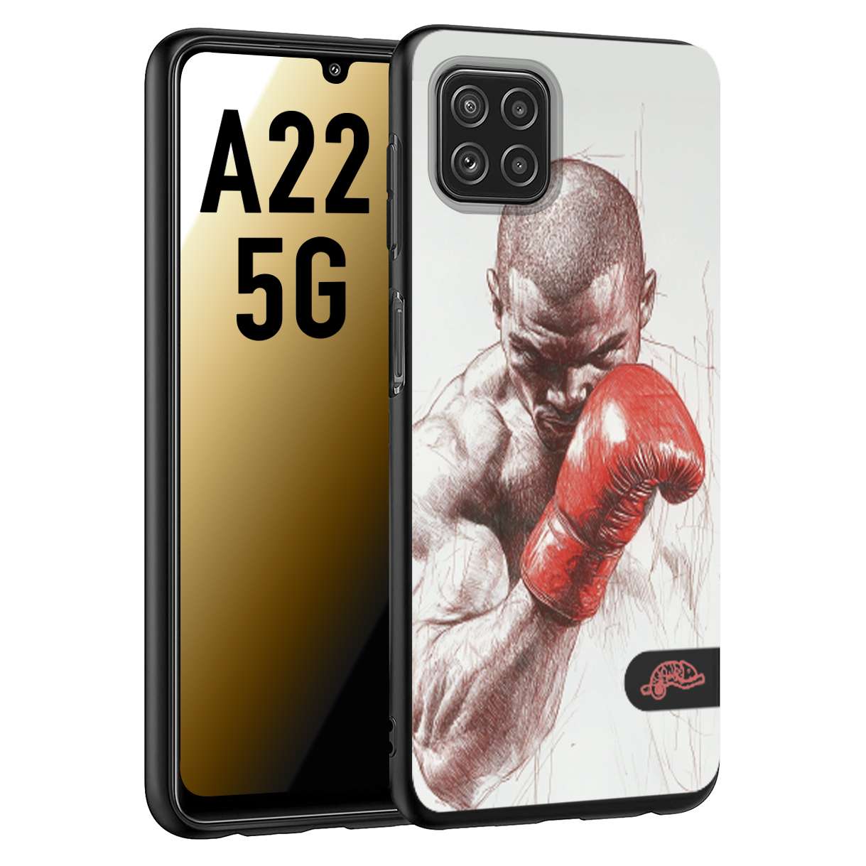 CUSTOMIZZA - Custodia cover nera morbida in tpu compatibile per Samsung A22 5G pugilato pugili disegno tattoo guantoni box sport primo piano