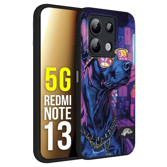 CUSTOMIZZA - Custodia cover nera morbida in tpu compatibile per Xiaomi Redmi Note 13 5G animali cyberpunk dobermann cane street dog fucsia blu night