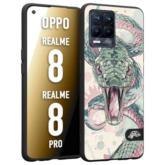 CUSTOMIZZA - Custodia cover nera morbida in tpu compatibile per Realme 8 - 8 PRO snake pink green serpente tatuaggio tattoo disegnato a mano