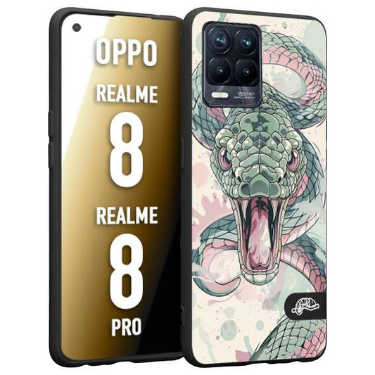 CUSTOMIZZA - Custodia cover nera morbida in tpu compatibile per Realme 8 - 8 PRO snake pink green serpente tatuaggio tattoo disegnato a mano