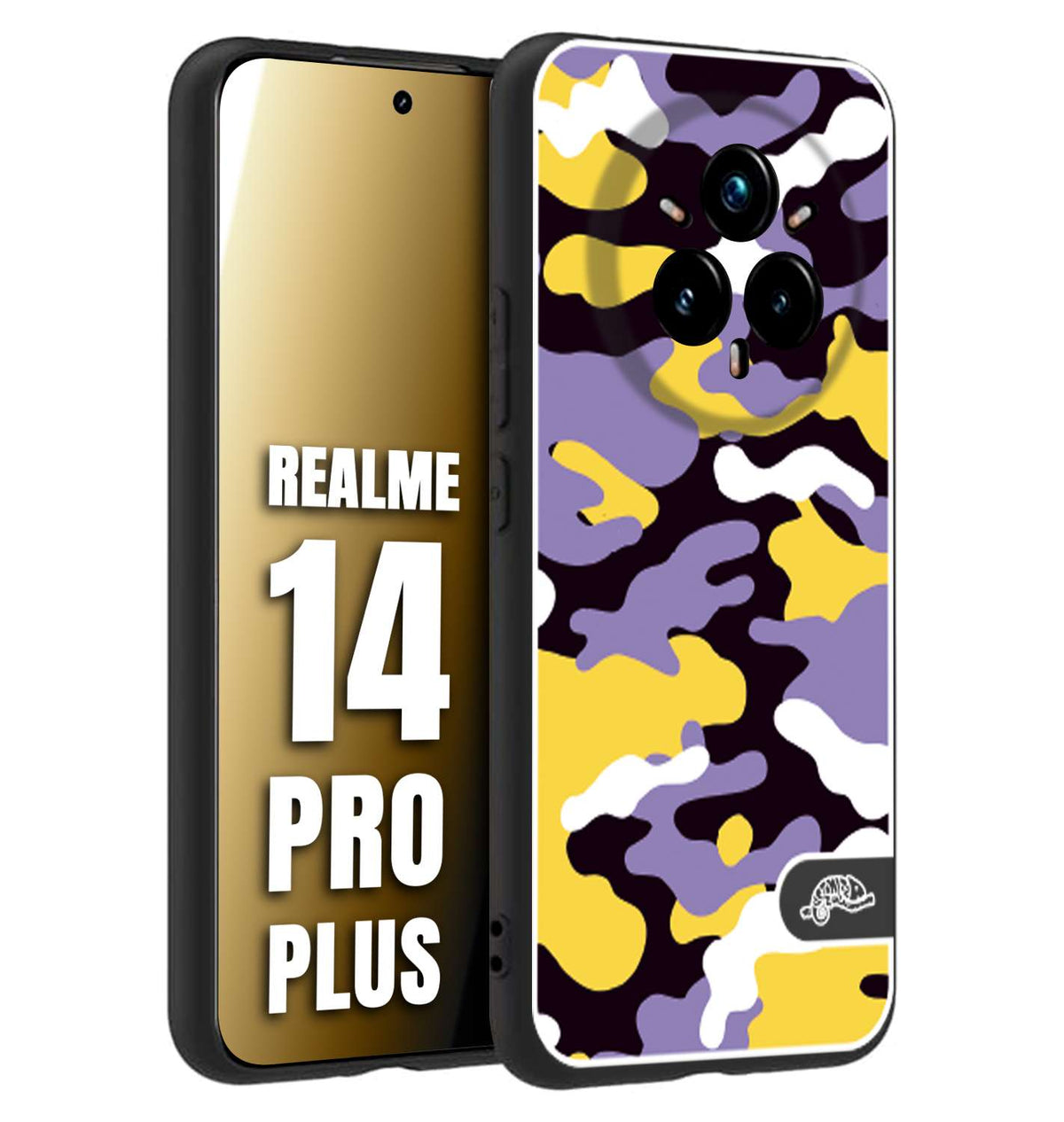 CUSTOMIZZA - Custodia cover nera morbida in tpu compatibile per Realme 14 PRO PLUS camouflage mimetico militare viola lilla giallo