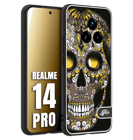 CUSTOMIZZA - Custodia cover nera morbida in tpu compatibile per Realme 14 PRO teschio messicano Mexican skull nero giallo