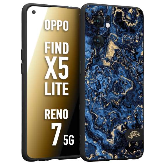 CUSTOMIZZA - Custodia cover nera morbida in tpu compatibile per Oppo Reno 7 - Find X5 LITE effetto marmo marble blu venature dorato psichedelico