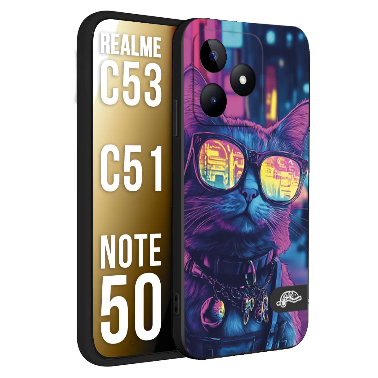 CUSTOMIZZA - Custodia cover nera morbida in tpu compatibile per Realme C53 - C51 - NOTE 50 animali cyberpunk gatto street cat fucsia blu giallo