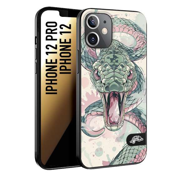 CUSTOMIZZA - Custodia cover nera morbida in tpu compatibile per iPhone 12 - 12 PRO snake pink green serpente tatuaggio tattoo disegnato a mano