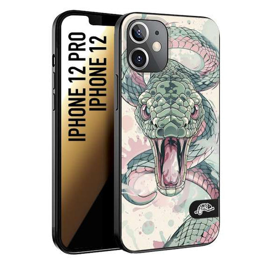CUSTOMIZZA - Custodia cover nera morbida in tpu compatibile per iPhone 12 - 12 PRO snake pink green serpente tatuaggio tattoo disegnato a mano