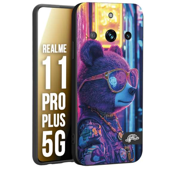 CUSTOMIZZA - Custodia cover nera morbida in tpu compatibile per Realme 11 PRO PLUS 5G animali cyberpunk orsetto orso street bear fucsia blu night