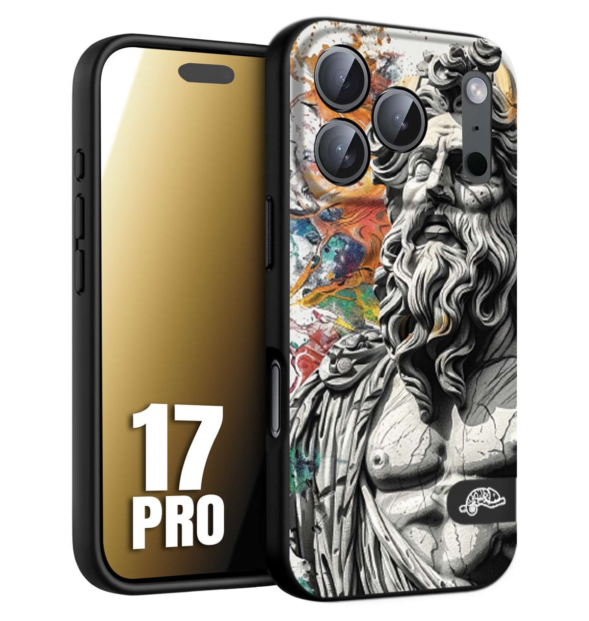 CUSTOMIZZA - Custodia cover nera morbida in tpu compatibile per iPhone 17 PRO statua colorata moderna antico tattoo splash color