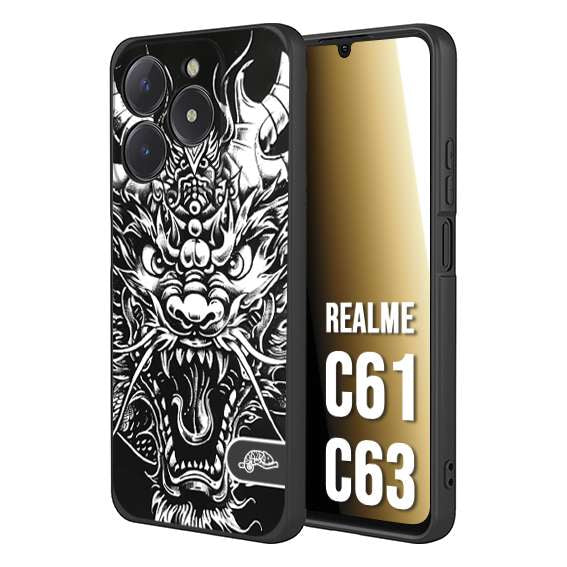 CUSTOMIZZA - Custodia cover nera morbida in tpu compatibile per Realme C61 - C63 drago black and white bianco a rilievo disegnato tattoo tatuaggio