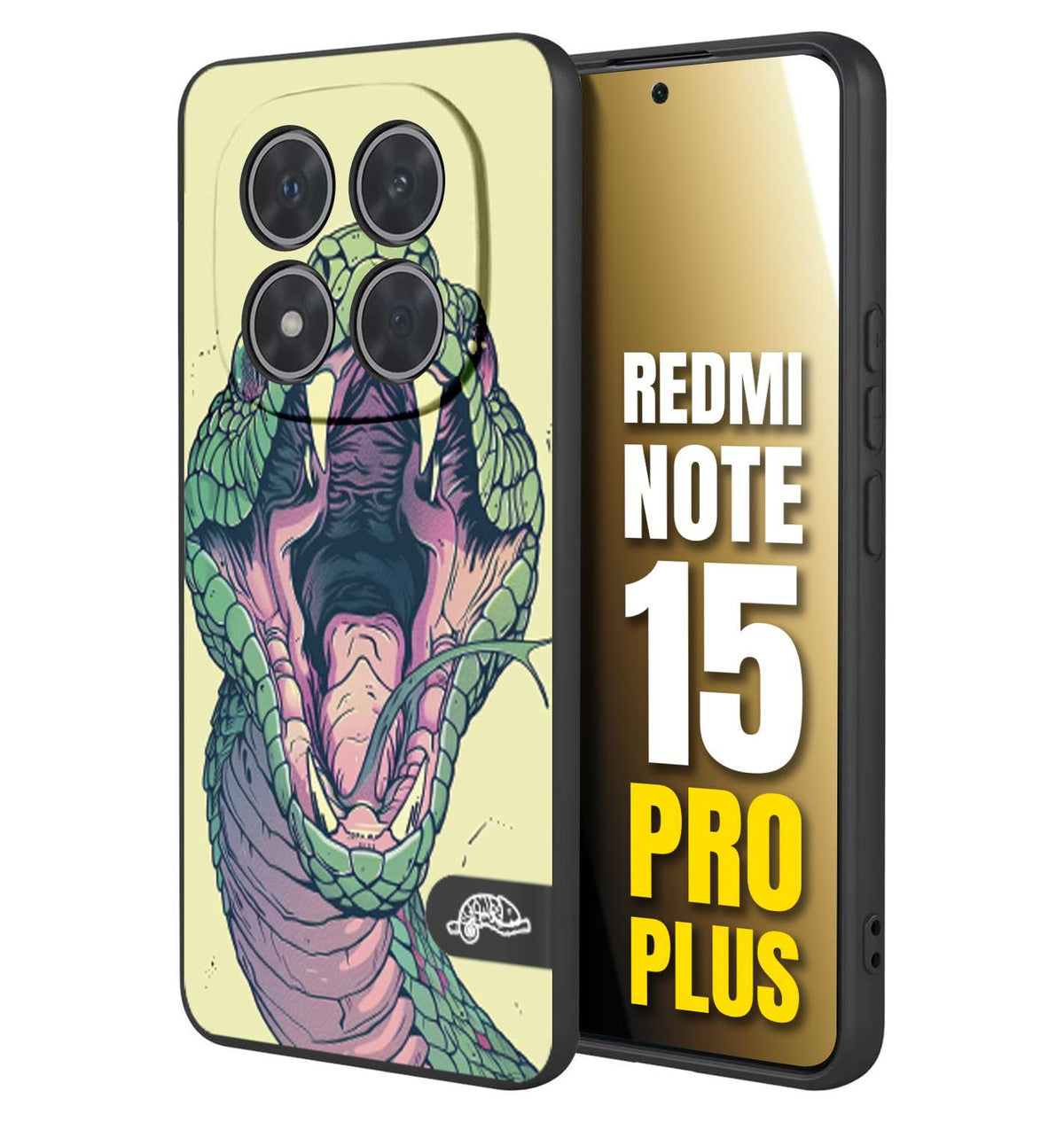 CUSTOMIZZA - Custodia cover nera morbida in tpu compatibile per Xiaomi Redmi Note 15 PRO PLUS snake yellow green serpente tatuaggio tattoo disegnato a mano