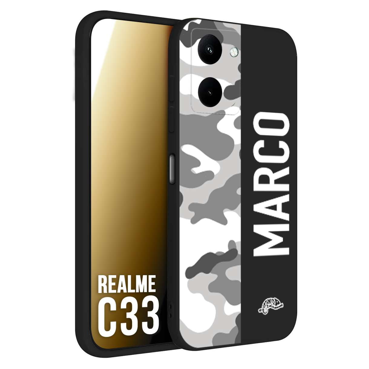 CUSTOMIZZA - Custodia cover nera morbida in tpu compatibile per Oppo Realme C33 camouflage mimetico militare personalizzata nome bianco