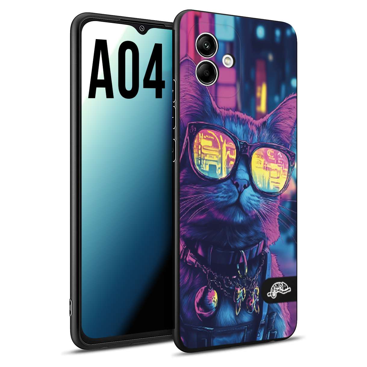 CUSTOMIZZA - Custodia cover nera morbida in tpu compatibile per Samsung A04 animali cyberpunk gatto street cat fucsia blu giallo