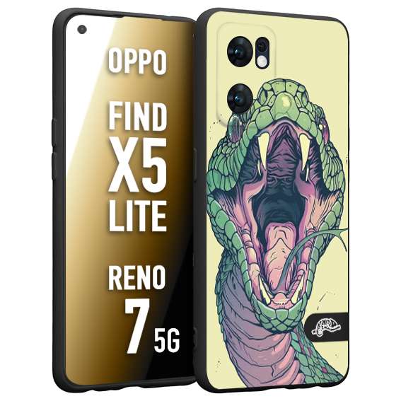 CUSTOMIZZA - Custodia cover nera morbida in tpu compatibile per Oppo Reno 7 - Find X5 LITE snake yellow green serpente tatuaggio tattoo disegnato a mano