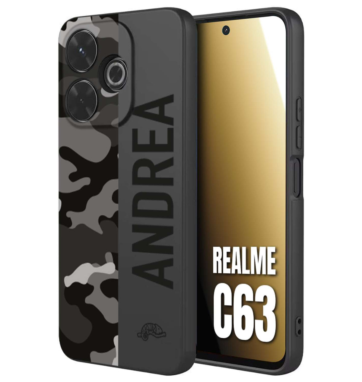 CUSTOMIZZA - Custodia cover nera morbida in tpu compatibile per Realme C63 camouflage mimetico militare personalizzata nome