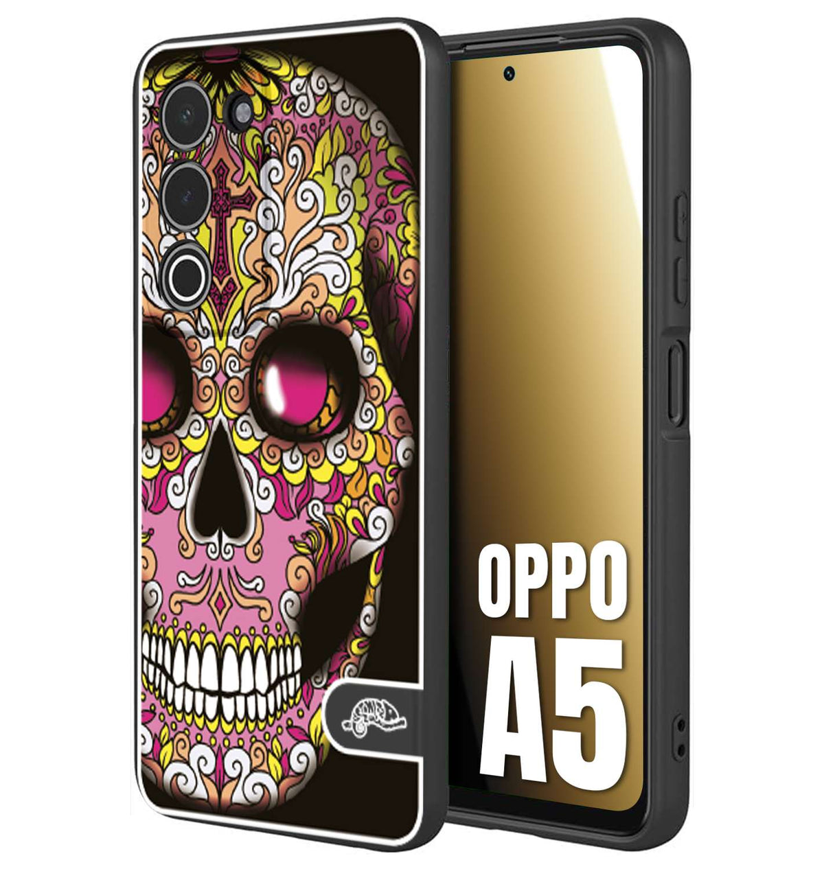 CUSTOMIZZA - Custodia cover nera morbida in tpu compatibile per Oppo A5 teschio messicano Mexican skull rosa gialla