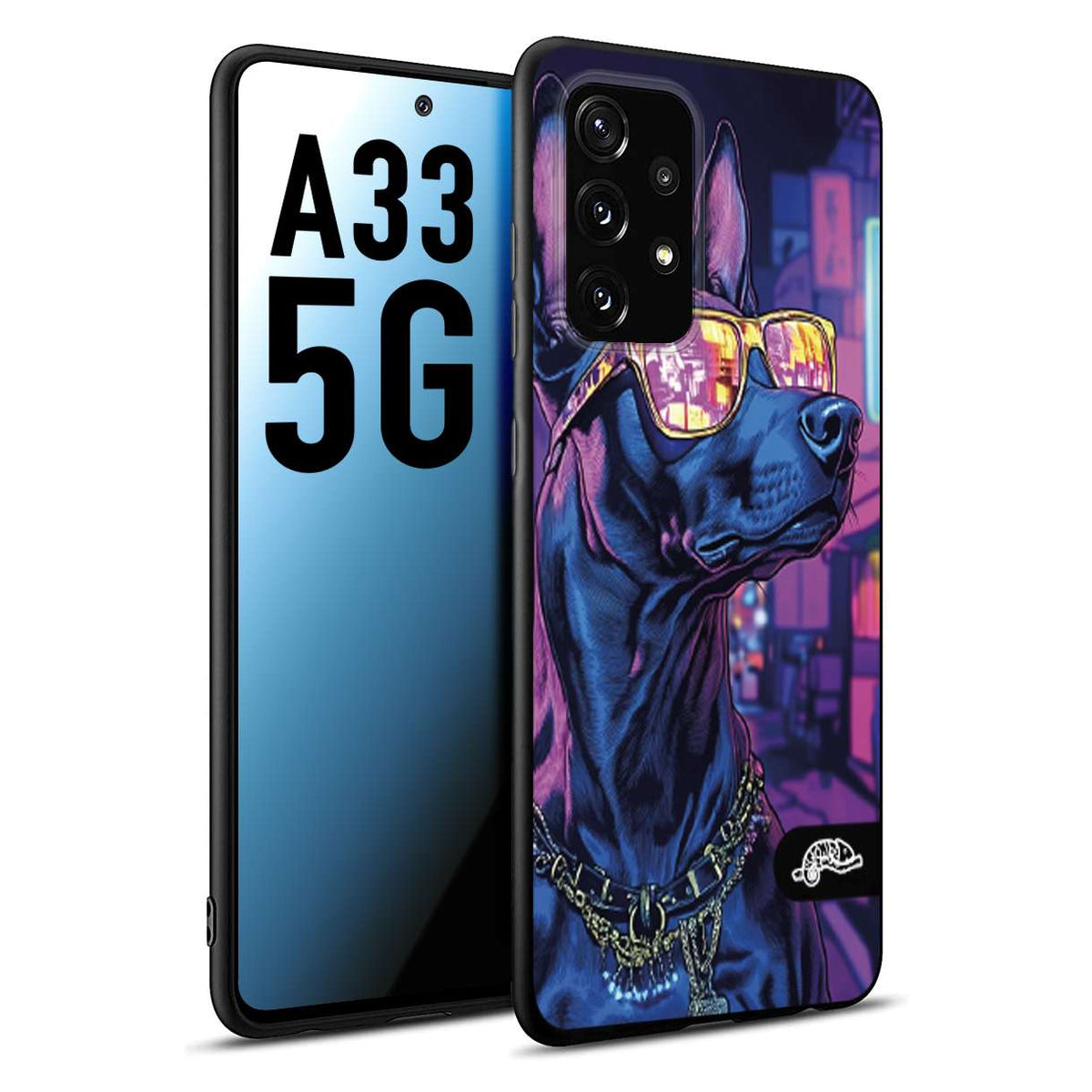 CUSTOMIZZA - Custodia cover nera morbida in tpu compatibile per Samsung A33 5G animali cyberpunk dobermann cane street dog fucsia blu night