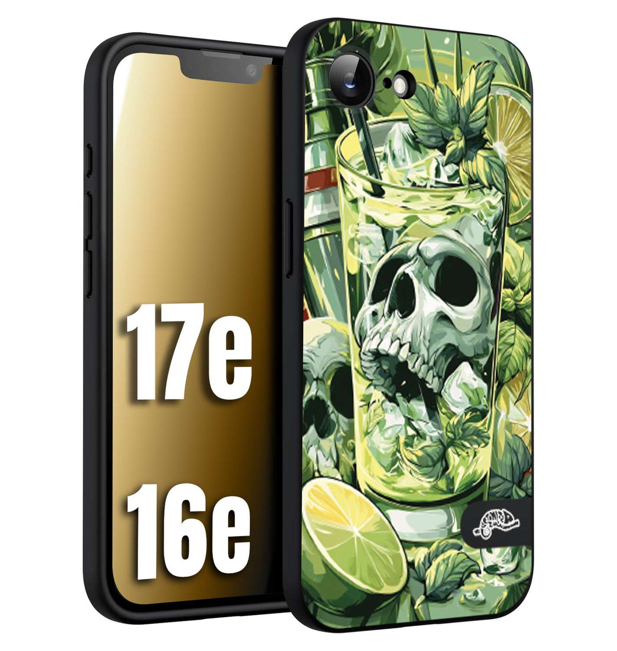 CUSTOMIZZA - Custodia cover nera morbida in tpu compatibile per iPhone 16E - 17E Mojito cocktail teschio illustrazione drink lime menta ghiacci tropicale street art