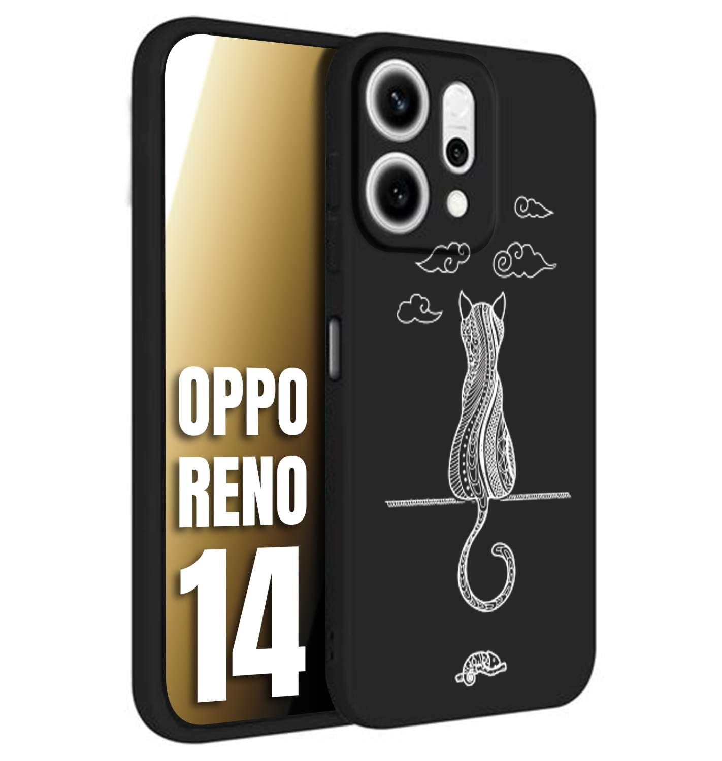 CUSTOMIZZA - Custodia cover nera morbida in tpu compatibile per Oppo Reno 14 gatto mandala stilizzato gattino a rilievo soft touch donna bianca