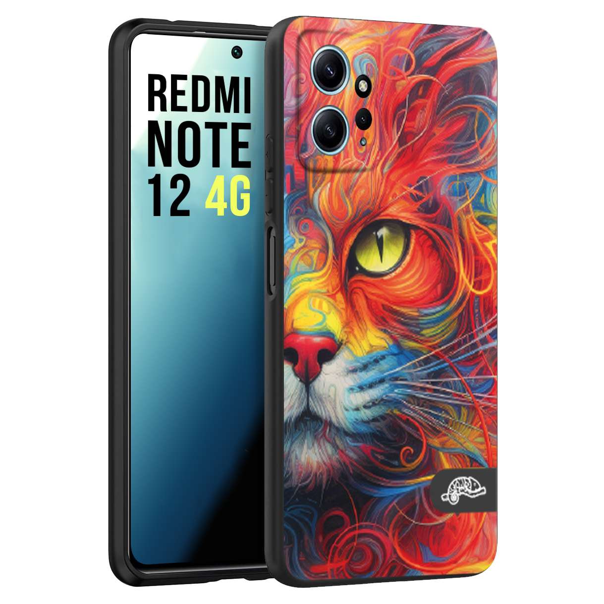 CUSTOMIZZA - Custodia cover nera morbida in tpu compatibile per Xiaomi Redmi Note 12 4G animali color cat gatto viso colori vibranti disegnato schizzo