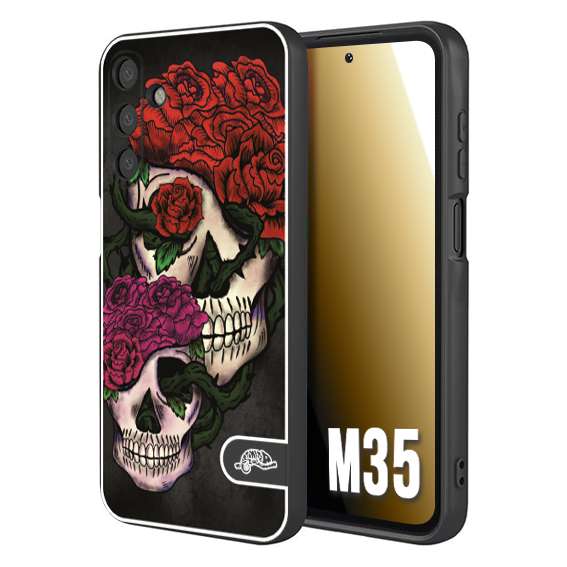 CUSTOMIZZA - Custodia cover nera morbida in tpu compatibile per Samsung M35 teschi e rose rosse fucsia skull and roses