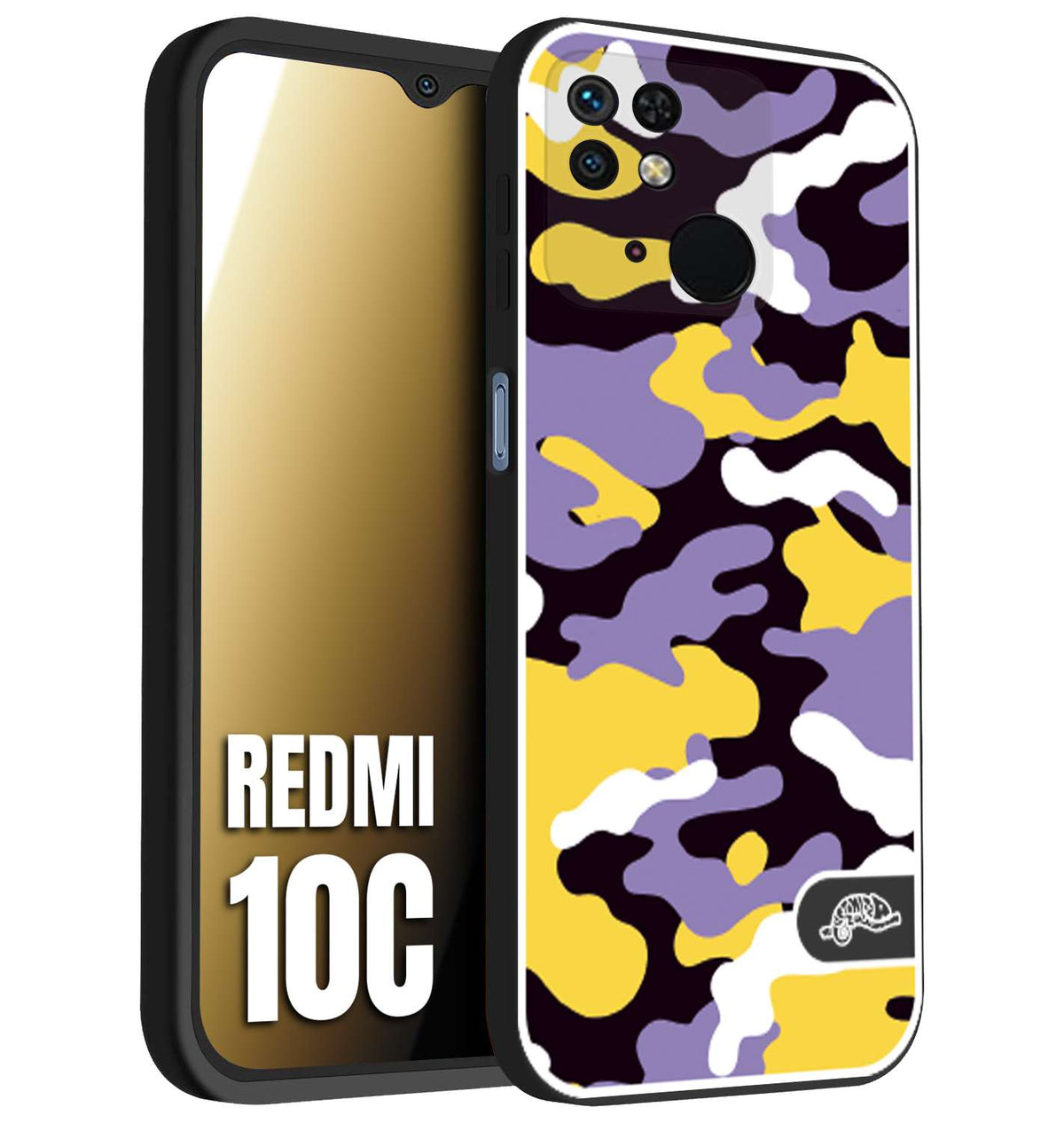 CUSTOMIZZA - Custodia cover nera morbida in tpu compatibile per Xiaomi Redmi 10C camouflage mimetico militare viola lilla giallo