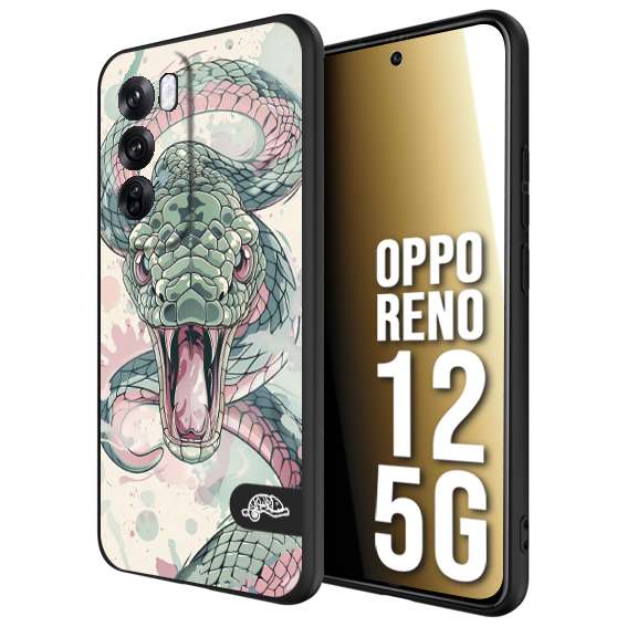 CUSTOMIZZA - Custodia cover nera morbida in tpu compatibile per Oppo Reno 12 5G snake pink green serpente tatuaggio tattoo disegnato a mano