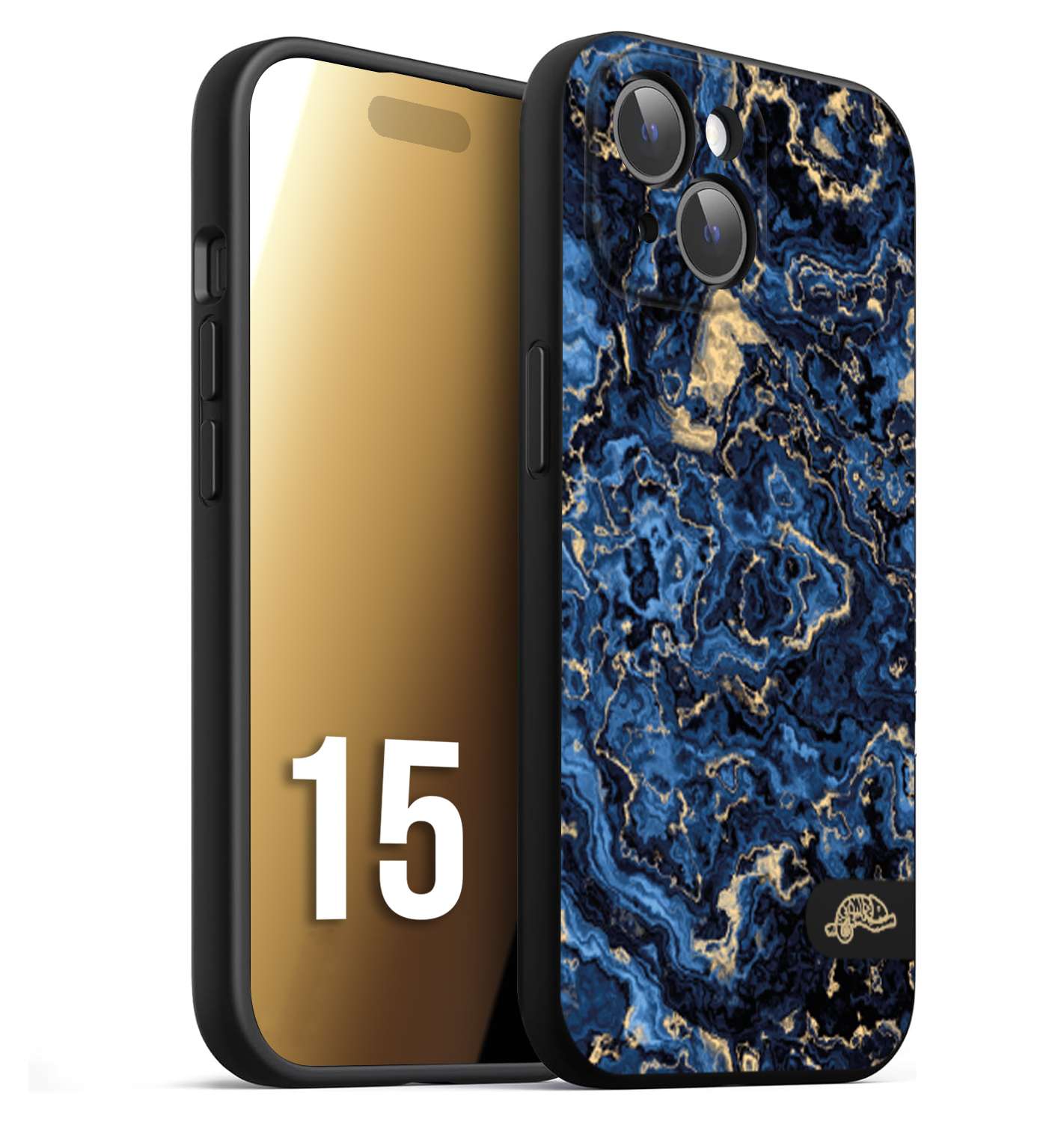 CUSTOMIZZA - Custodia cover nera morbida in tpu compatibile per iPhone 15 effetto marmo marble blu venature dorato psichedelico