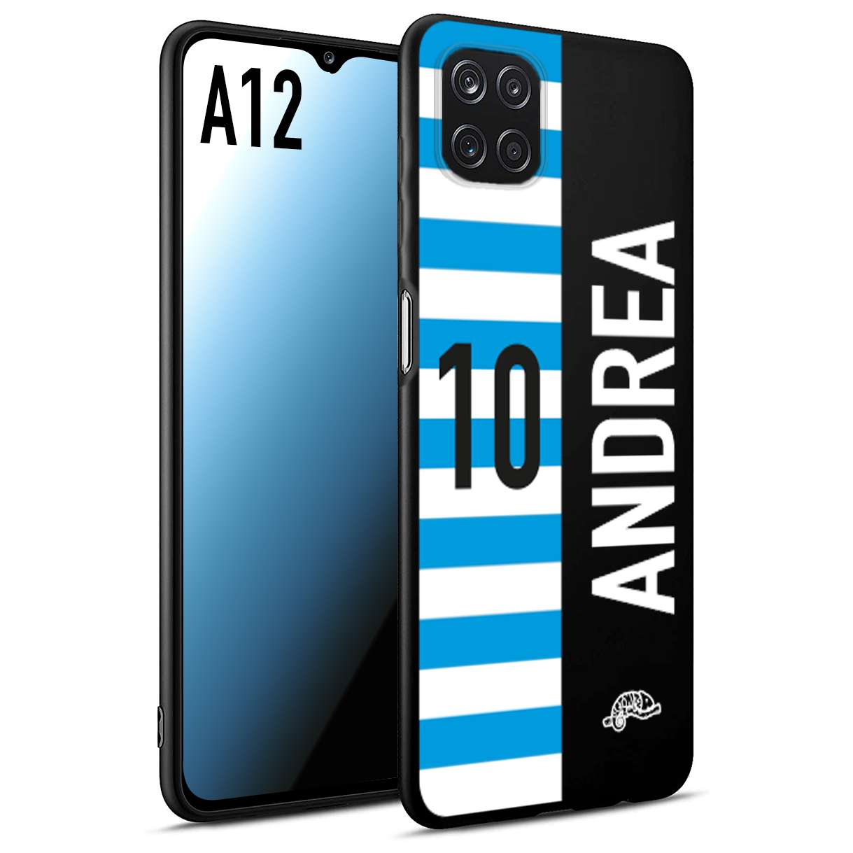 CUSTOMIZZA - Custodia cover nera morbida in tpu compatibile per Samsung A12 personalizzata calcio football nome e numero calciatori biancazzurri