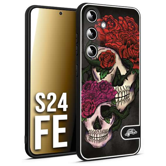 CUSTOMIZZA - Custodia cover nera morbida in tpu compatibile per Samsung S24 FE teschi e rose rosse fucsia skull and roses