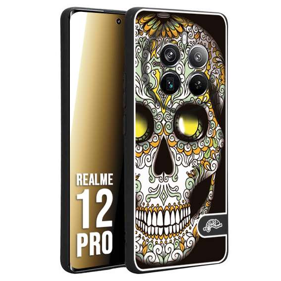 CUSTOMIZZA - Custodia cover nera morbida in tpu compatibile per Realme 12 PRO teschio messicano Mexican skull bianco verde giallo