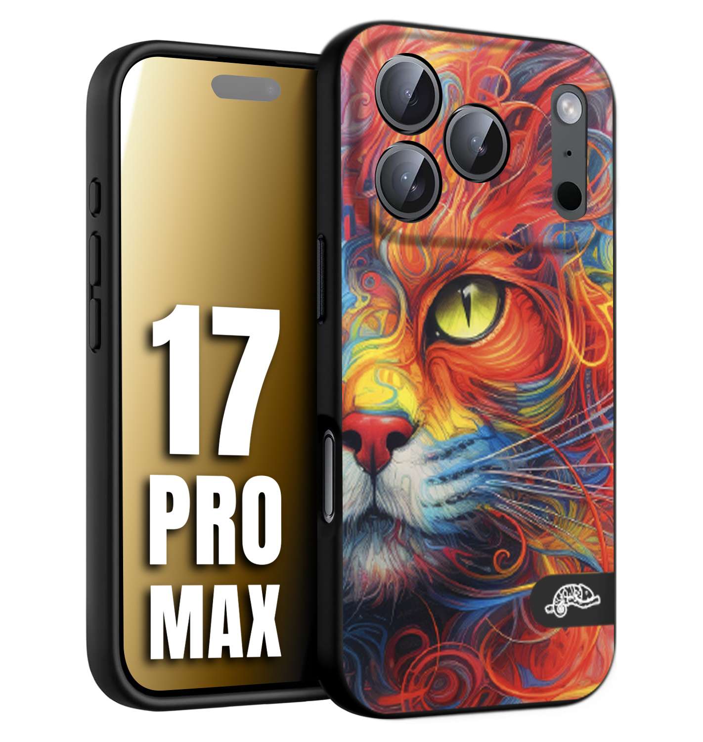 CUSTOMIZZA - Custodia cover nera morbida in tpu compatibile per iPhone 17 PRO MAX animali color cat gatto viso colori vibranti disegnato schizzo